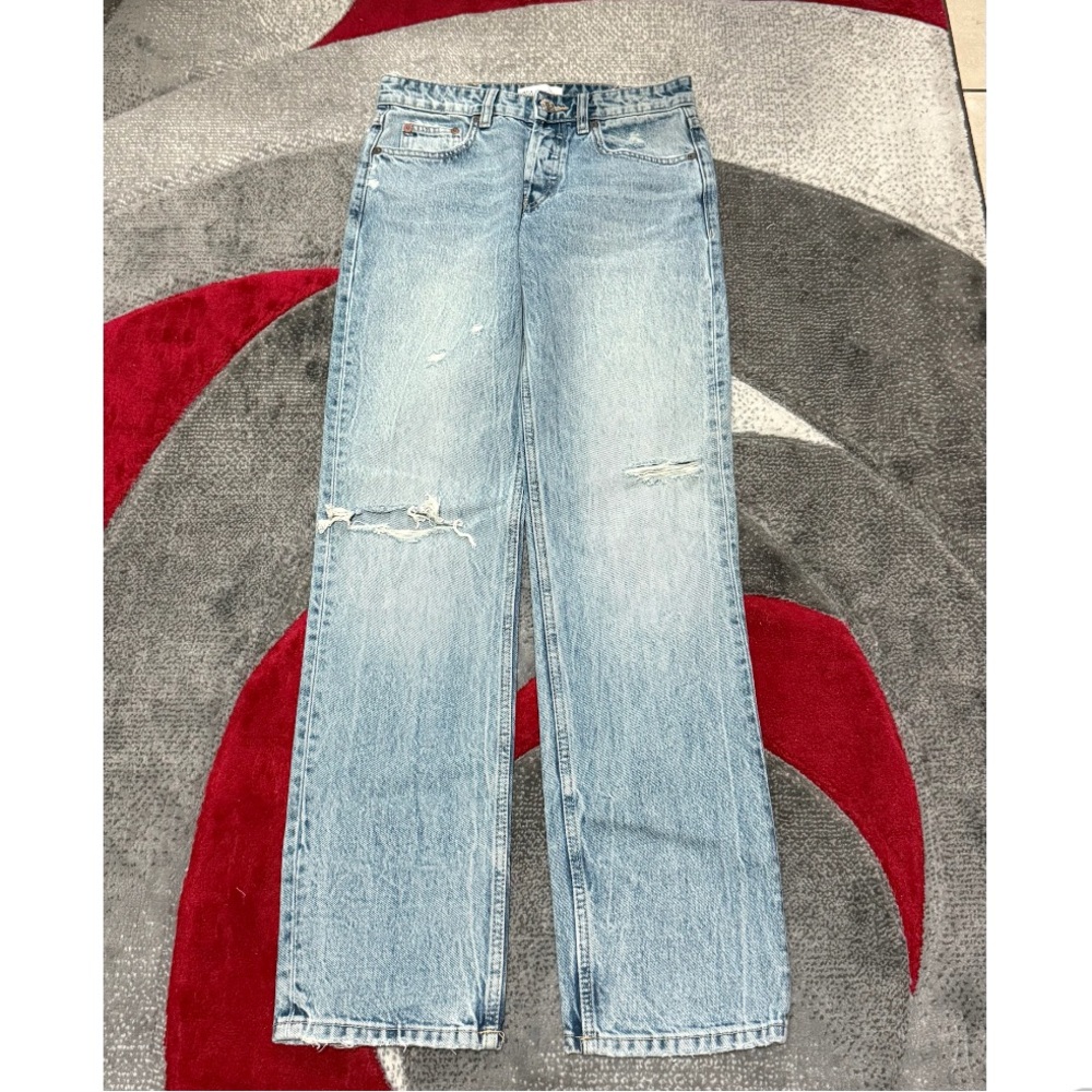 Zara Blue Straight Leg Jeans with Distressed Details